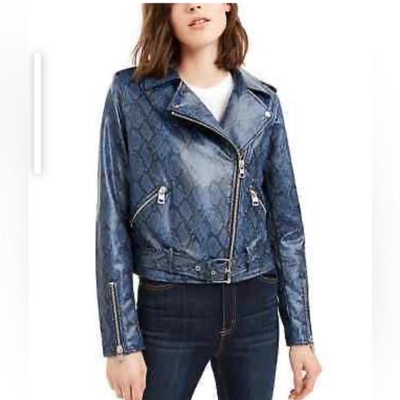 Calvin Klein Jeans Faux Leather Python Print Women's Moto Jacket NWT Indigo - Picture 3 of 8